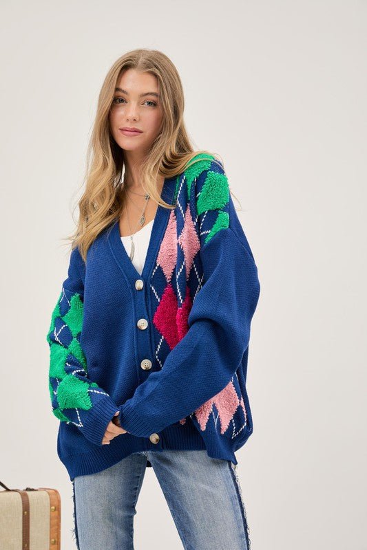 Plush Argyle Button Front Loose Fit Knit Cardigan - Happily Ever Atchison Shop Co.