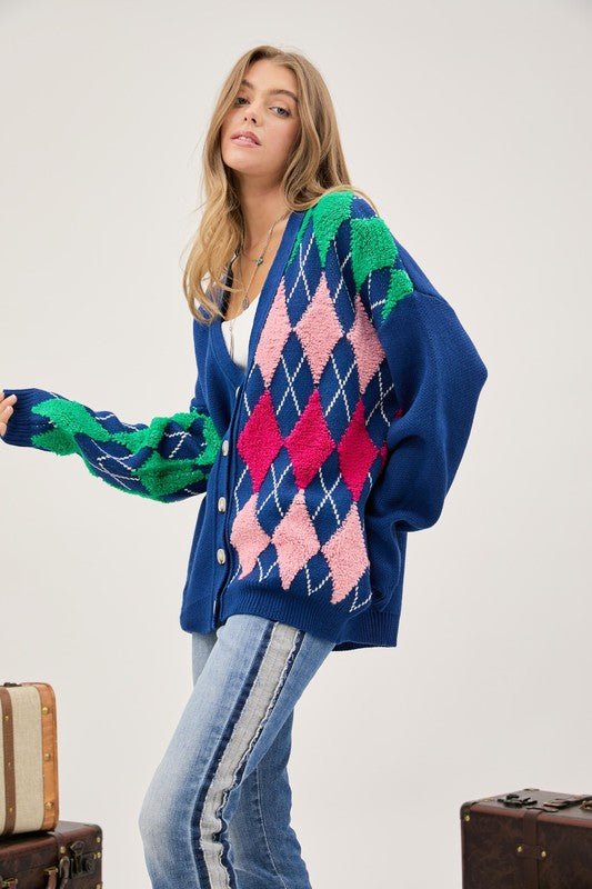 Plush Argyle Button Front Loose Fit Knit Cardigan - Happily Ever Atchison Shop Co.