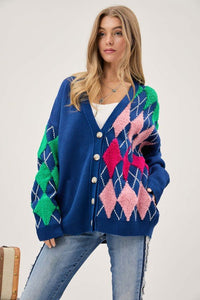 Plush Argyle Button Front Loose Fit Knit Cardigan - Happily Ever Atchison Shop Co.