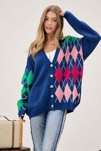 Plush Argyle Button Front Loose Fit Knit Cardigan - Happily Ever Atchison Shop Co.