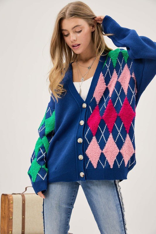 Plush Argyle Button Front Loose Fit Knit Cardigan - Happily Ever Atchison Shop Co.