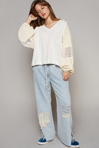 POL Balloon Sleeve Crochet Patch Top - Happily Ever Atchison Shop Co.