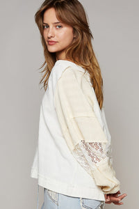 POL Balloon Sleeve Crochet Patch Top - Happily Ever Atchison Shop Co.