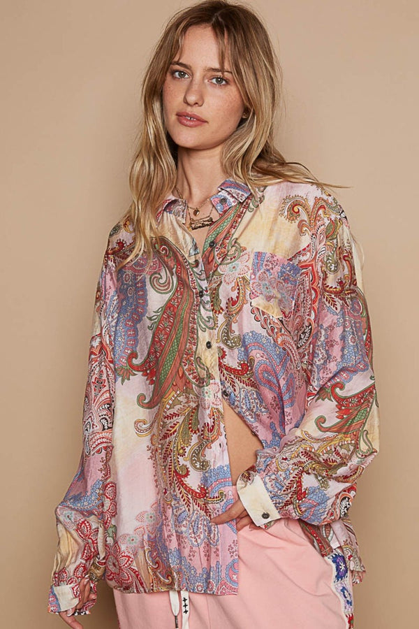 POL Button - Down Long Sleeve Paisley Print Shirt - Happily Ever Atchison Shop Co.