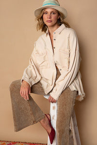 POL Button Down Raw Hem Distressed Shacket - Happily Ever Atchison Shop Co.