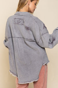 POL Button Down Raw Hem Distressed Shacket - Happily Ever Atchison Shop Co.