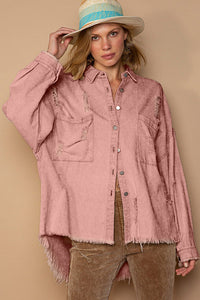 POL Button Down Raw Hem Distressed Shacket - Happily Ever Atchison Shop Co.
