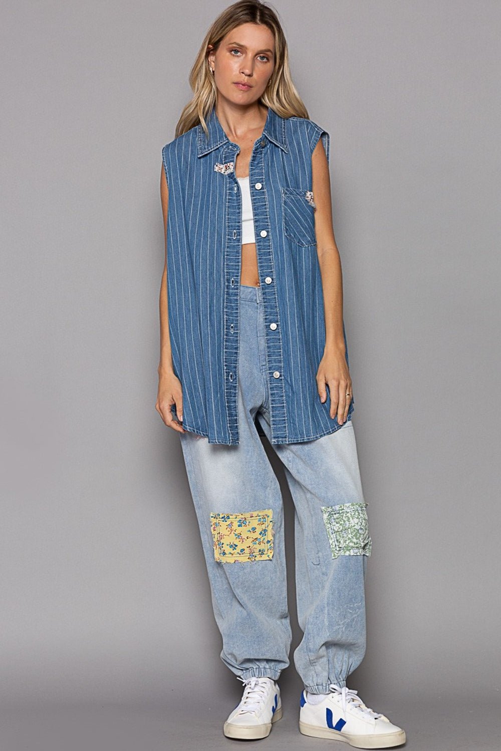 POL Button Down Sleeveless Striped Denim Shirt - Happily Ever Atchison Shop Co.