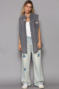 POL Button Down Sleeveless Striped Denim Shirt - Happily Ever Atchison Shop Co.