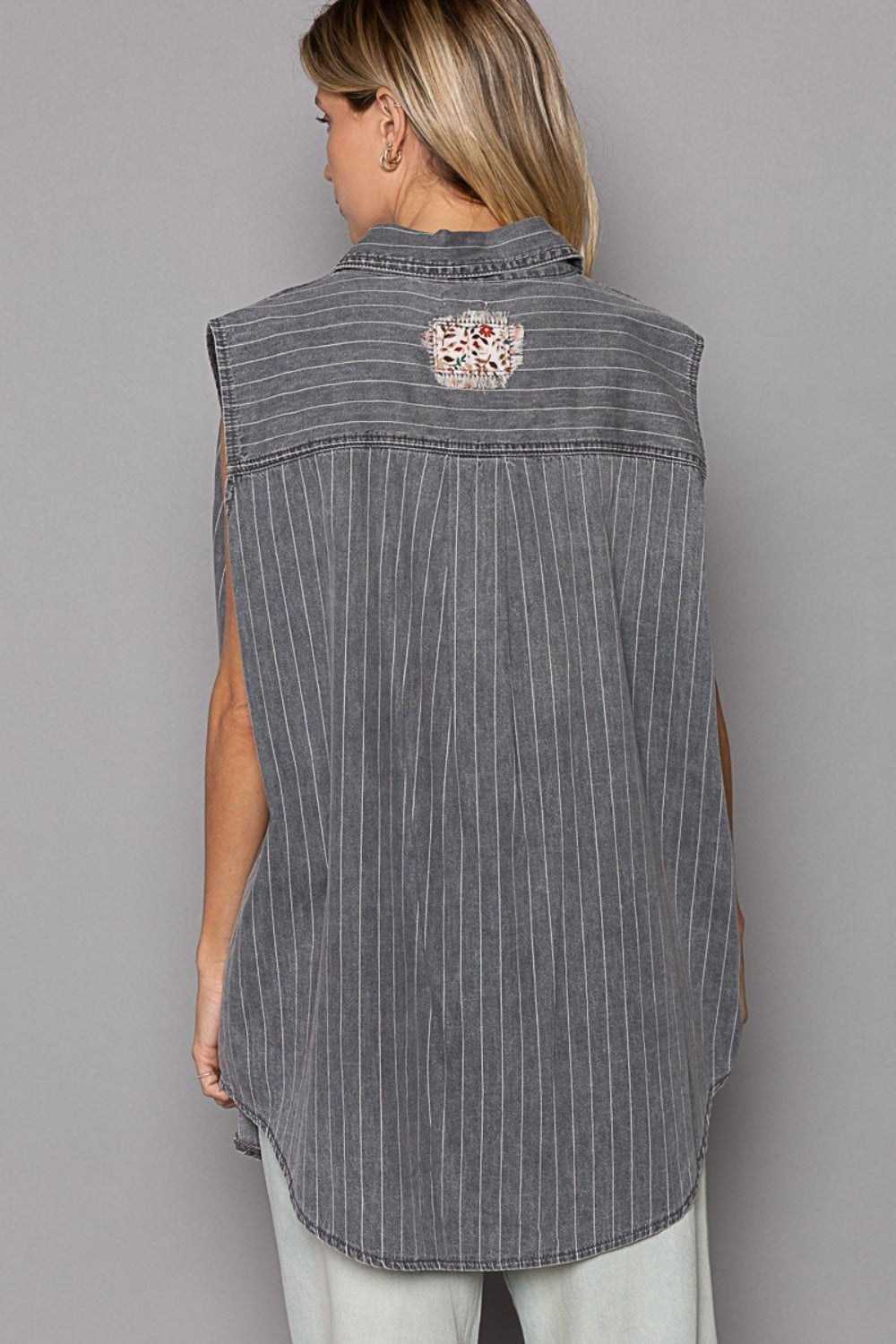 POL Button Down Sleeveless Striped Denim Shirt - Happily Ever Atchison Shop Co.