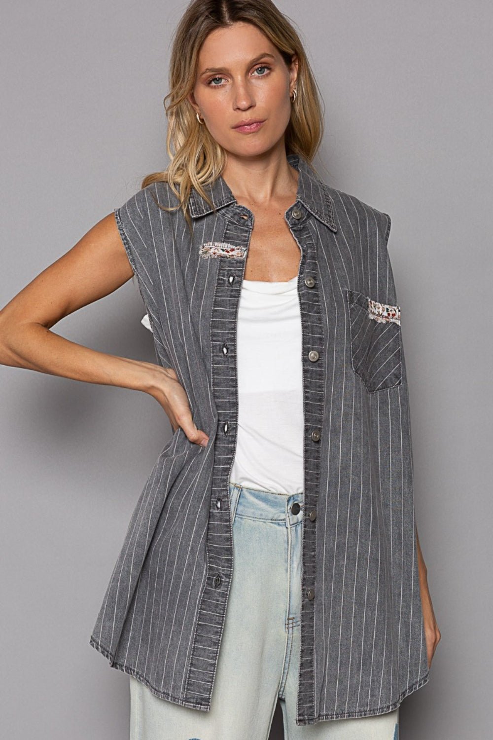 POL Button Down Sleeveless Striped Denim Shirt - Happily Ever Atchison Shop Co.