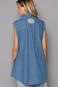 POL Button Down Sleeveless Striped Denim Shirt - Happily Ever Atchison Shop Co.