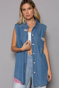 POL Button Down Sleeveless Striped Denim Shirt - Happily Ever Atchison Shop Co.