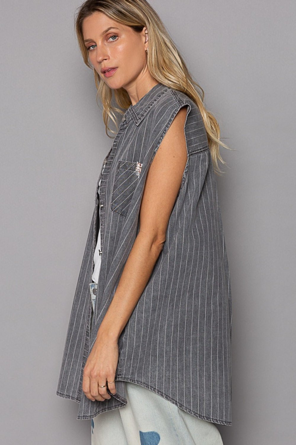 POL Button Down Sleeveless Striped Denim Shirt - Happily Ever Atchison Shop Co.