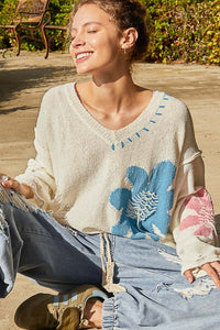 POL Distressed Flower V - Neck Dropped Shoulder Knit Top - Happily Ever Atchison Shop Co.