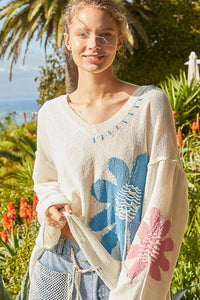 POL Distressed Flower V - Neck Dropped Shoulder Knit Top - Happily Ever Atchison Shop Co.