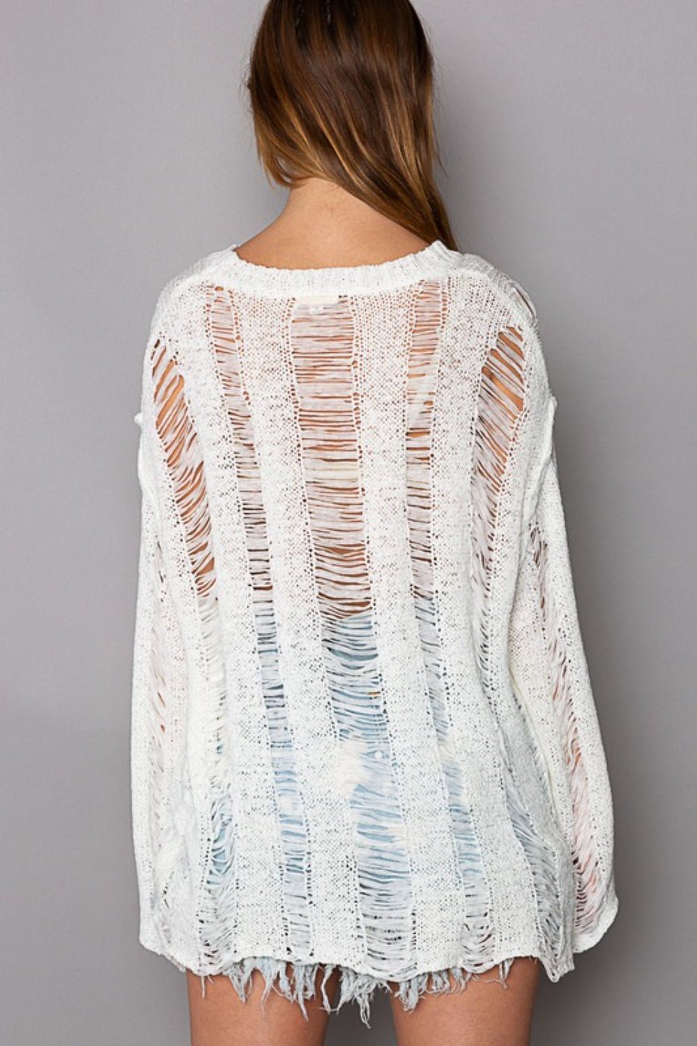 POL Distressed Round Neck Long Sleeve Knit Cover Up - Happily Ever Atchison Shop Co.