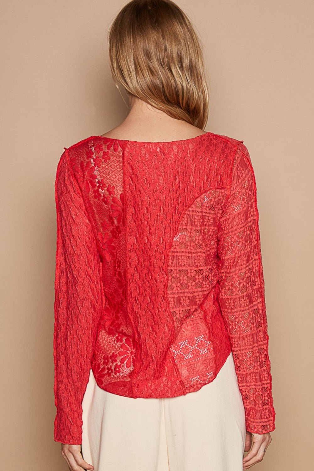 POL Exposed Seam Long Sleeve Lace Knit Top - Happily Ever Atchison Shop Co.