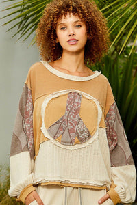 POL Long Sleeve Cut Sew Peace Emblem Top - Happily Ever Atchison Shop Co.