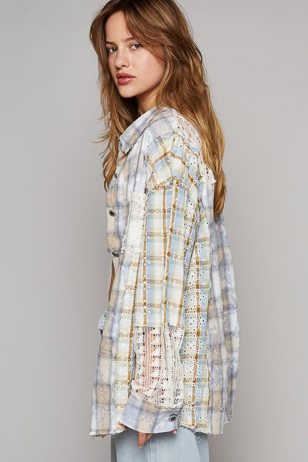 POL Long Sleeve Embroidered Crochet Plaid Shirt - Happily Ever Atchison Shop Co.