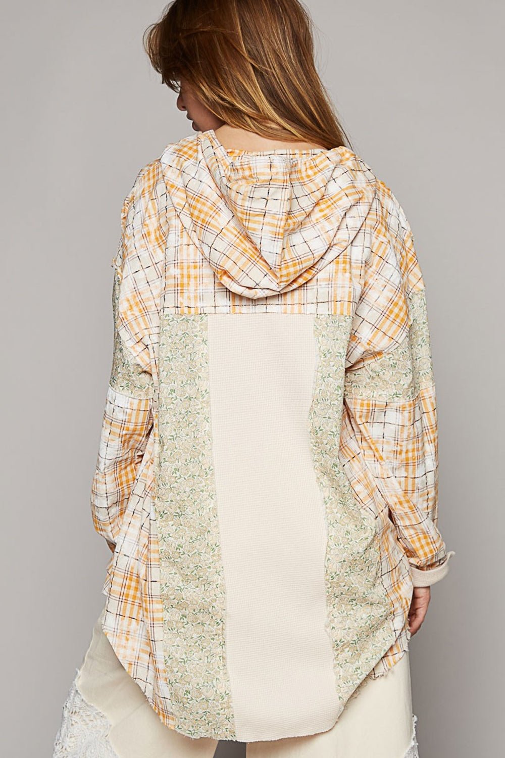 POL Long Sleeve Knit Mixed Hoodie Plaid Shirt - Happily Ever Atchison Shop Co.