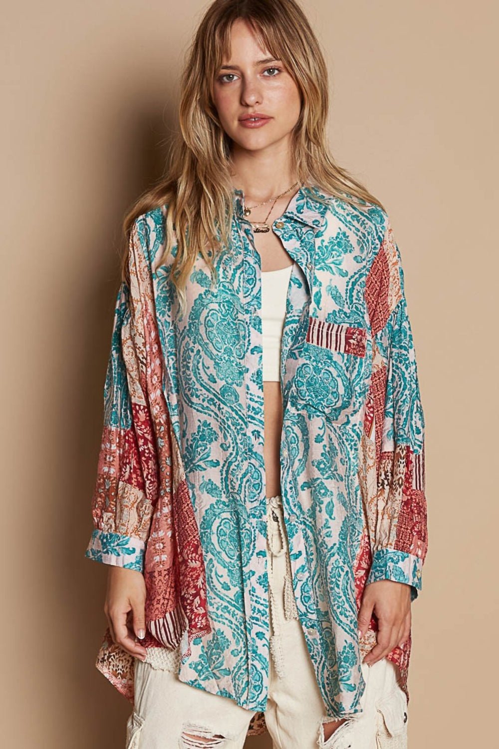 POL Long Sleeve Printed Button Down Shirt - Happily Ever Atchison Shop Co.