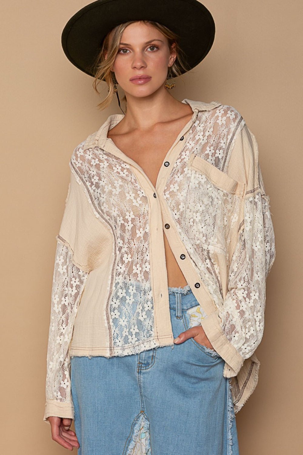 POL Oversize Lace Button - Down Shirt - Happily Ever Atchison Shop Co.