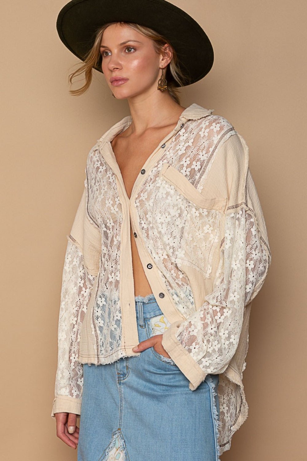 POL Oversize Lace Button - Down Shirt - Happily Ever Atchison Shop Co.