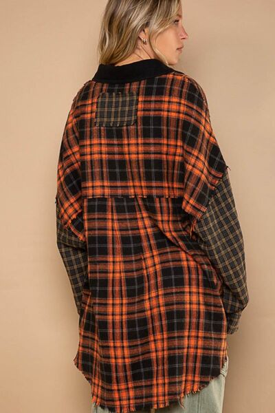 POL Plaid Contrast Long Sleeve Raw Hem Shacket with Chest Pockets - Happily Ever Atchison Shop Co.