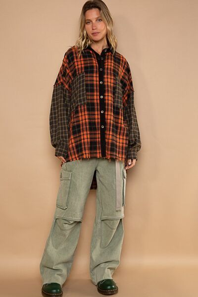 POL Plaid Contrast Long Sleeve Raw Hem Shacket with Chest Pockets - Happily Ever Atchison Shop Co.