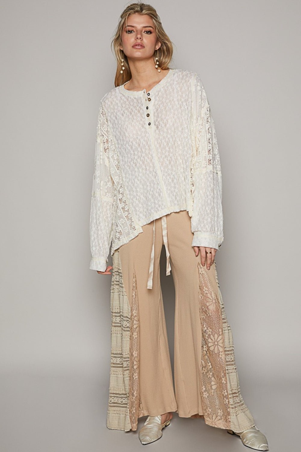 POL Round Neck Long Sleeve Raw Edge Lace Top - Happily Ever Atchison Shop Co.