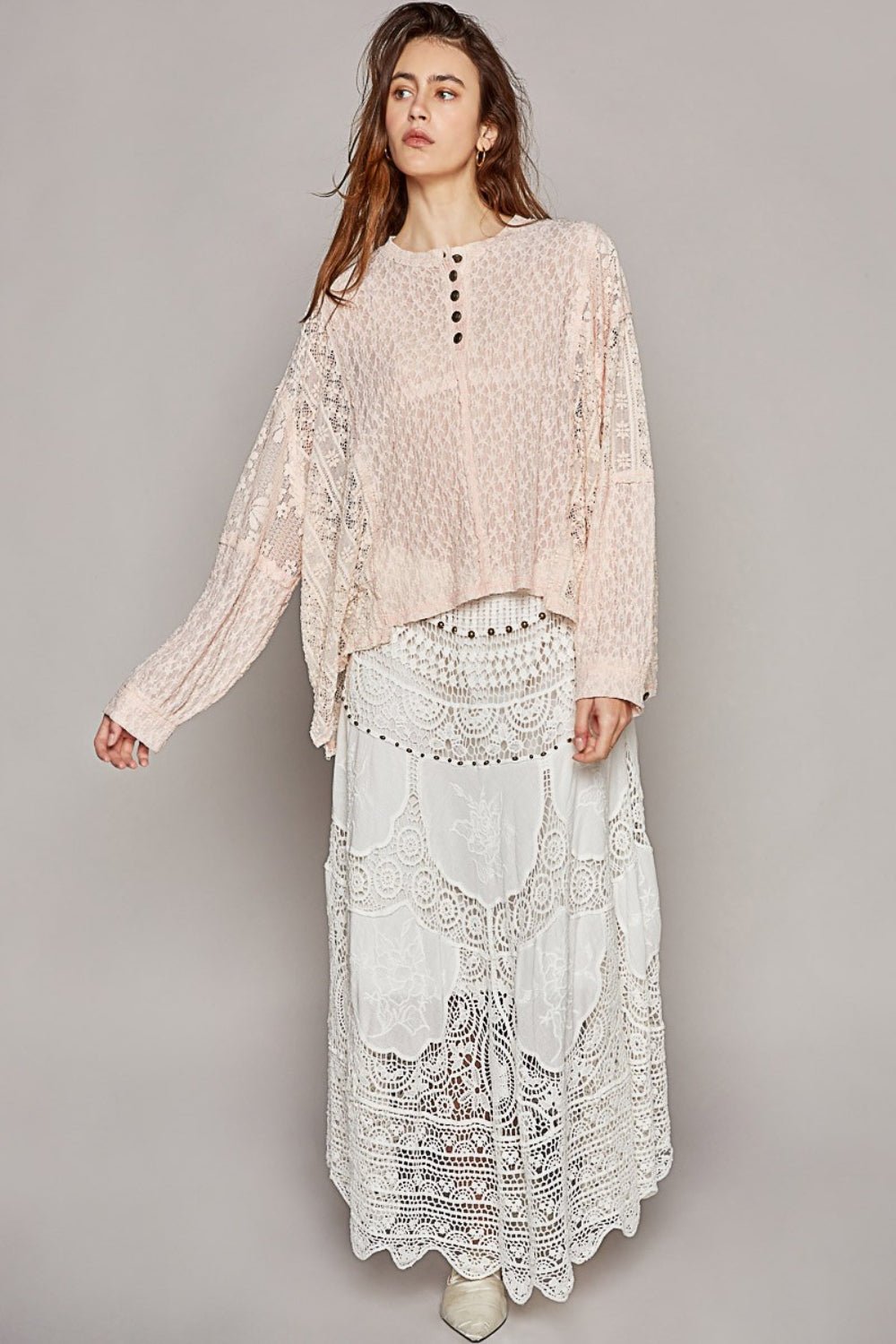 POL Round Neck Long Sleeve Raw Edge Lace Top - Happily Ever Atchison Shop Co.