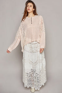 POL Round Neck Long Sleeve Raw Edge Lace Top - Happily Ever Atchison Shop Co.