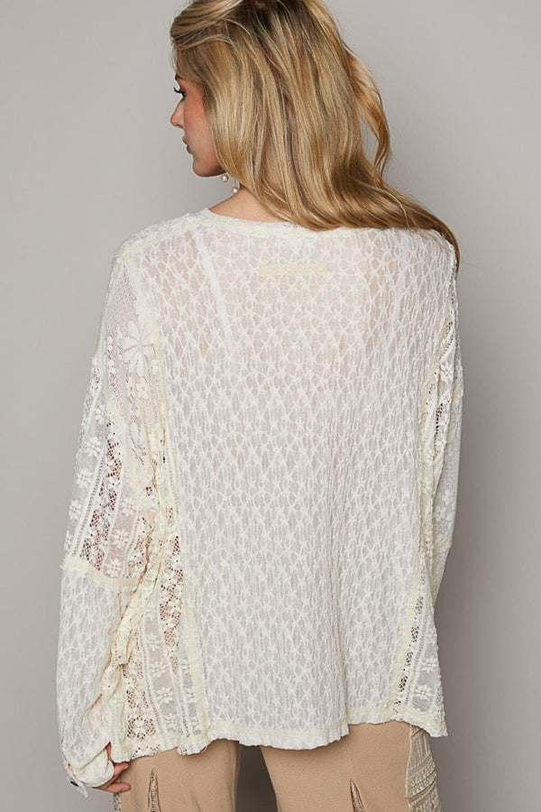 POL Round Neck Long Sleeve Raw Edge Lace Top - Happily Ever Atchison Shop Co.