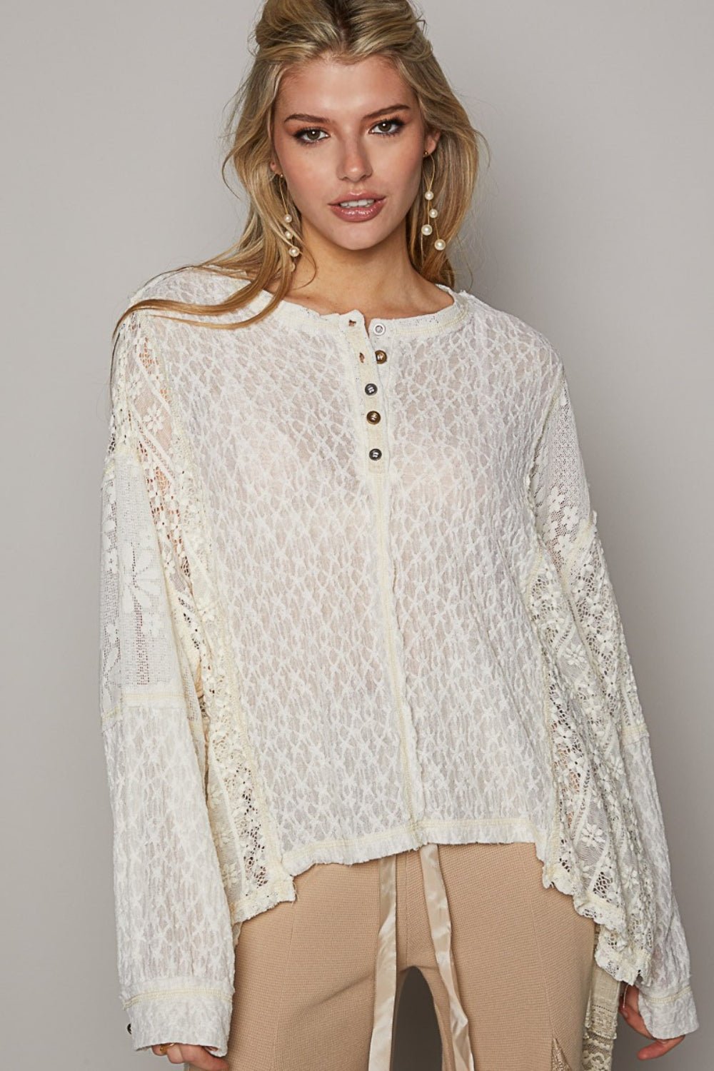 POL Round Neck Long Sleeve Raw Edge Lace Top - Happily Ever Atchison Shop Co.