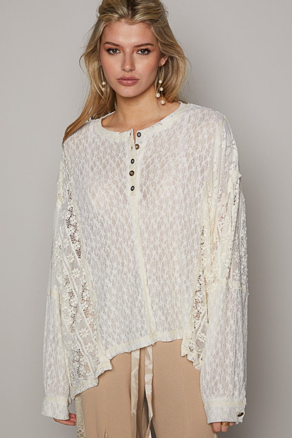 POL Round Neck Long Sleeve Raw Edge Lace Top - Happily Ever Atchison Shop Co.