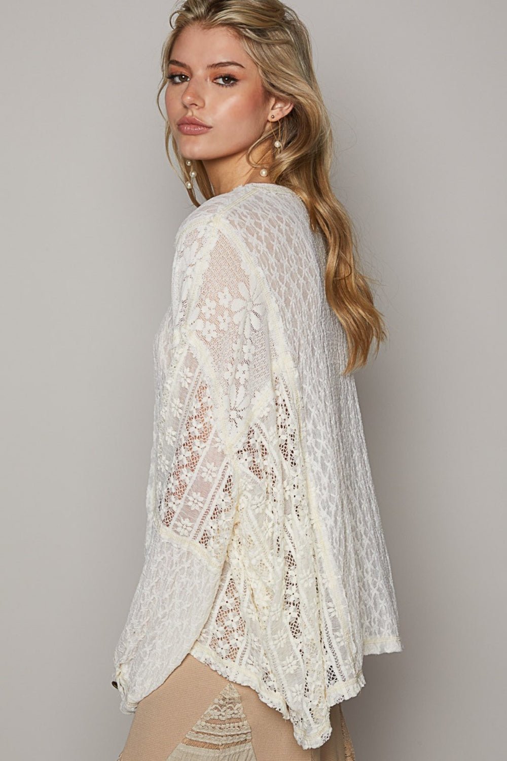 POL Round Neck Long Sleeve Raw Edge Lace Top - Happily Ever Atchison Shop Co.