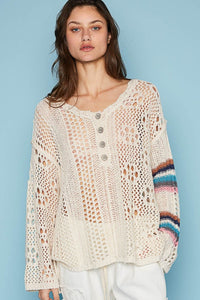 POL Round Neck Striped Long Sleeve Knit Cover Up - Happily Ever Atchison Shop Co.