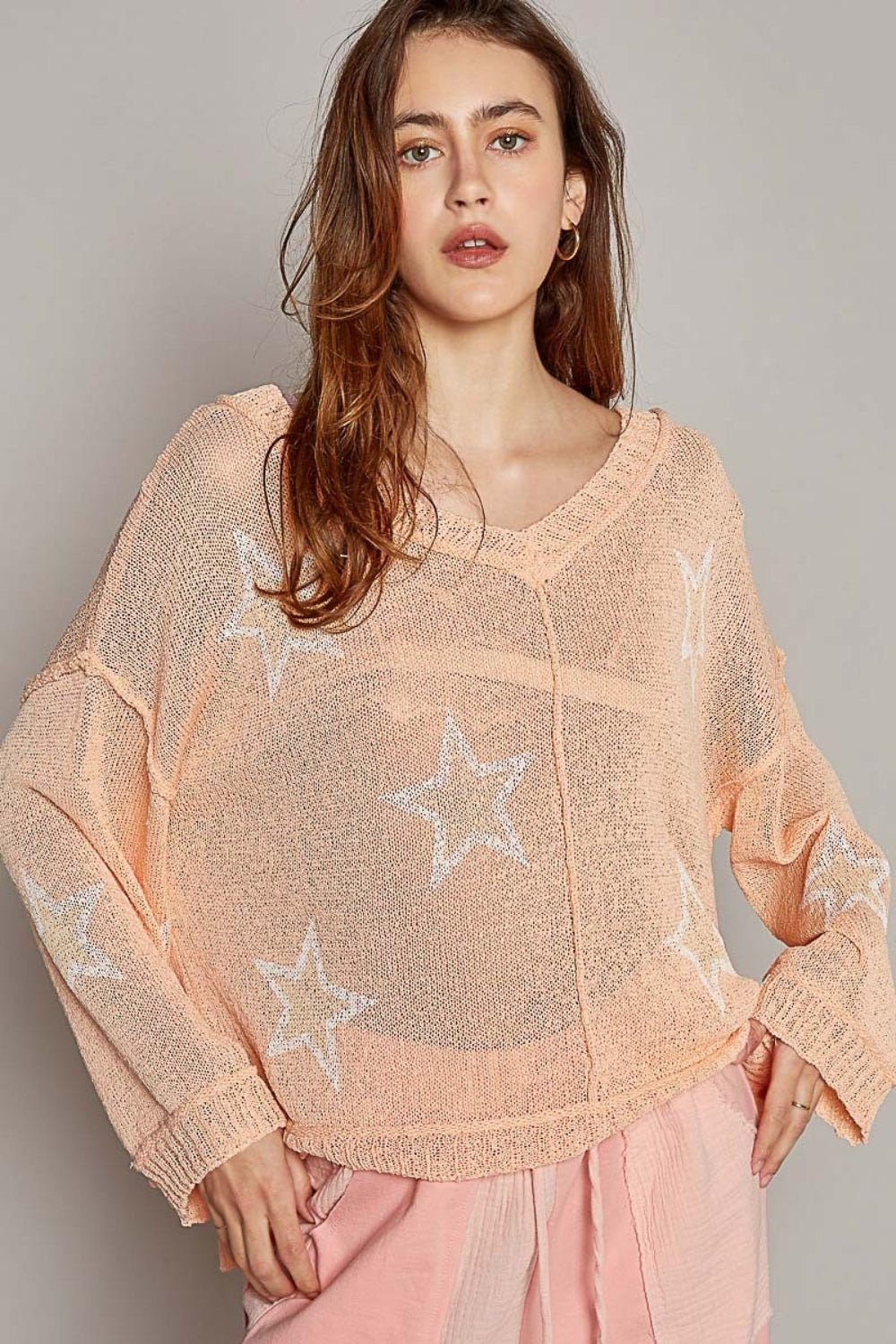 POL V - Neck Long Sleeve Star Print Knit Top - Happily Ever Atchison Shop Co.