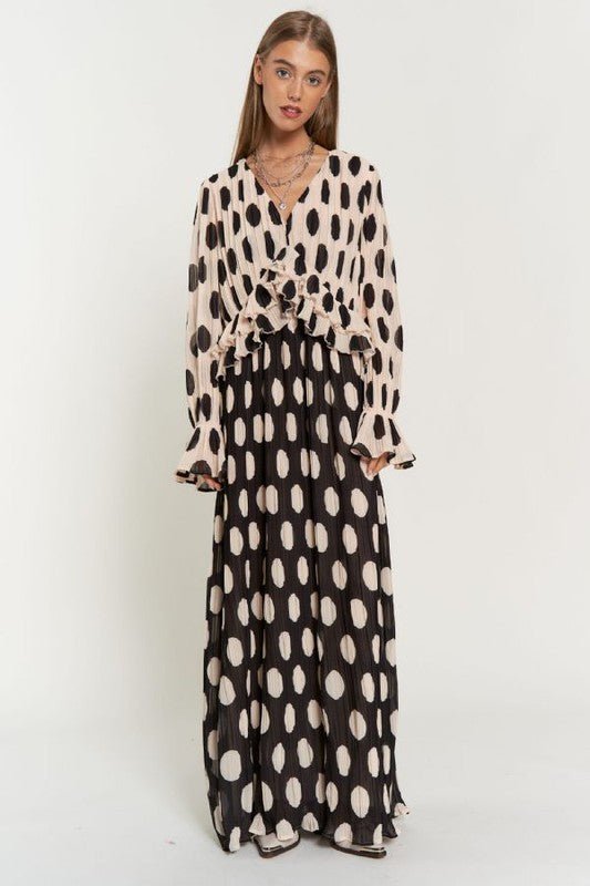 Polka Dot Ruffled Long Sleeve Pleated Maxi Dress - Happily Ever Atchison Shop Co.