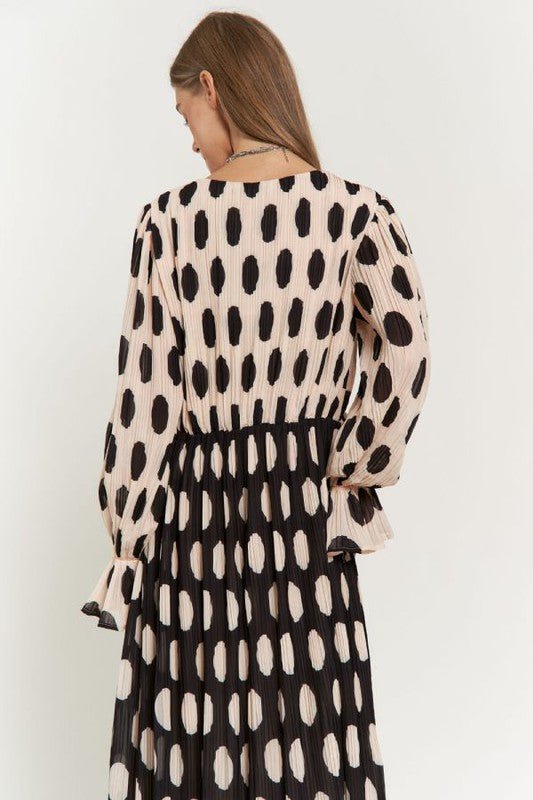 Polka Dot Ruffled Long Sleeve Pleated Maxi Dress - Happily Ever Atchison Shop Co.