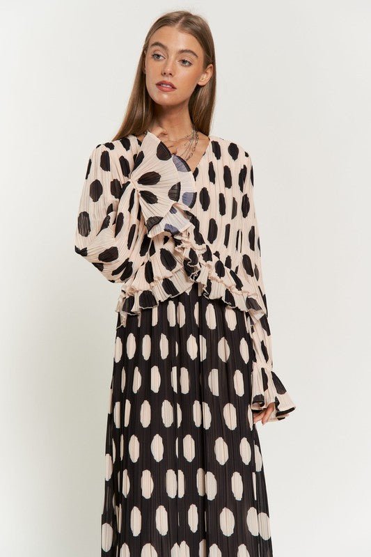 Polka Dot Ruffled Long Sleeve Pleated Maxi Dress - Happily Ever Atchison Shop Co.