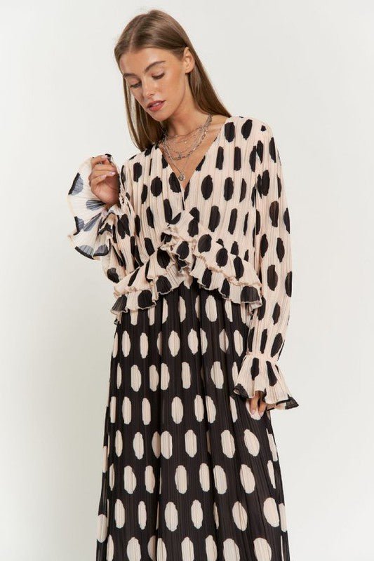 Polka Dot Ruffled Long Sleeve Pleated Maxi Dress - Happily Ever Atchison Shop Co.