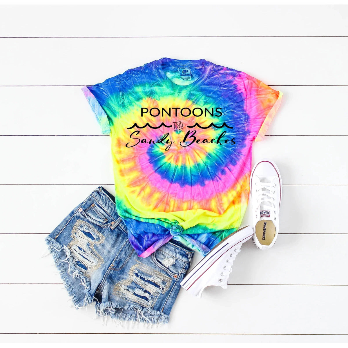 PONTOONS AND SANDY BEACHES Tie - dye Graphic Tee - Happily Ever Atchison Shop Co.