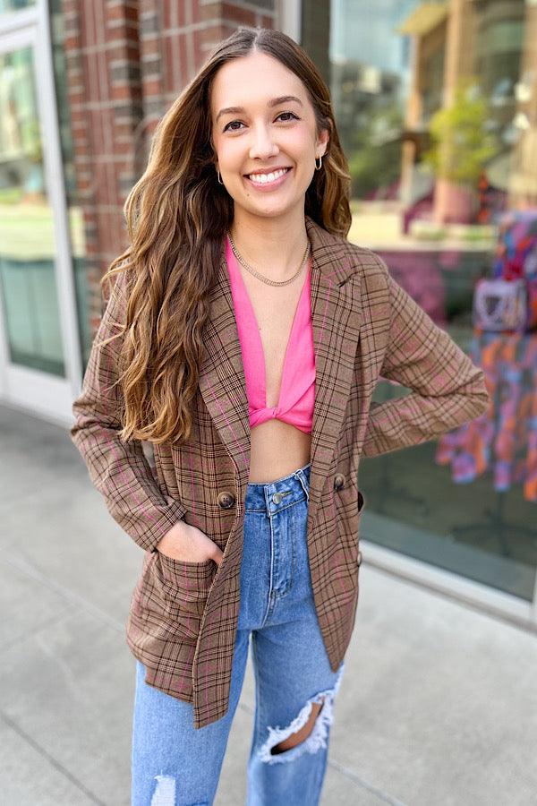 Preptastic Brown Pink Plaid Blazer - Happily Ever Atchison Shop Co.