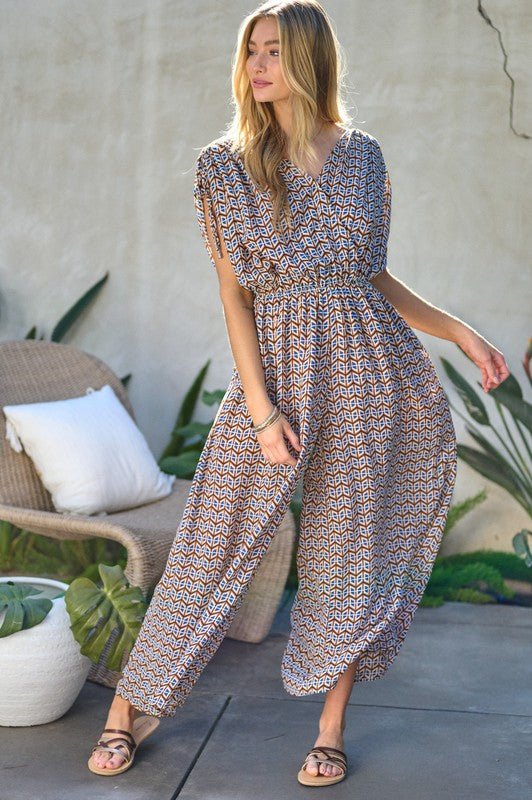 Printed V - Neck Sleeveless Jumpsuit - Happily Ever Atchison Shop Co.