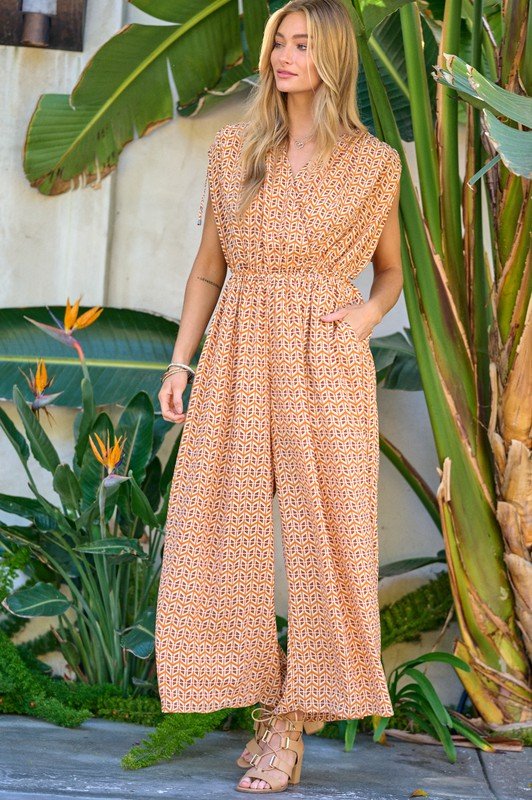 Printed V - Neck Sleeveless Jumpsuit - Happily Ever Atchison Shop Co.