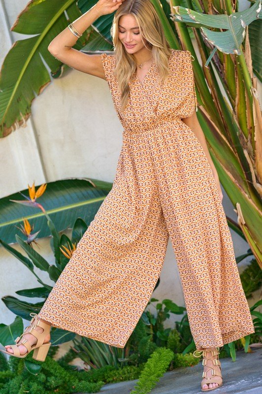 Printed V - Neck Sleeveless Jumpsuit - Happily Ever Atchison Shop Co.