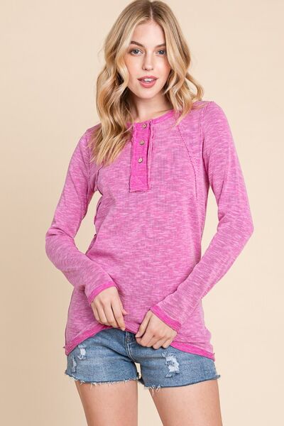 Reborn J Contrast Trim Half Button Long Sleeve T - Shirt - Happily Ever Atchison Shop Co.