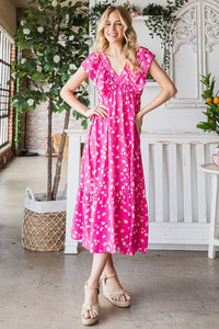 Reborn J Printed V - Neck Ruffle Trim Tiered Midi Dress - Happily Ever Atchison Shop Co.